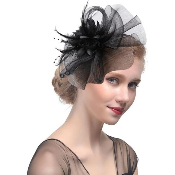 Elegant Black Mesh Flower Fascinator with Beads & Feathers Headband Style - Picture 1 of 8